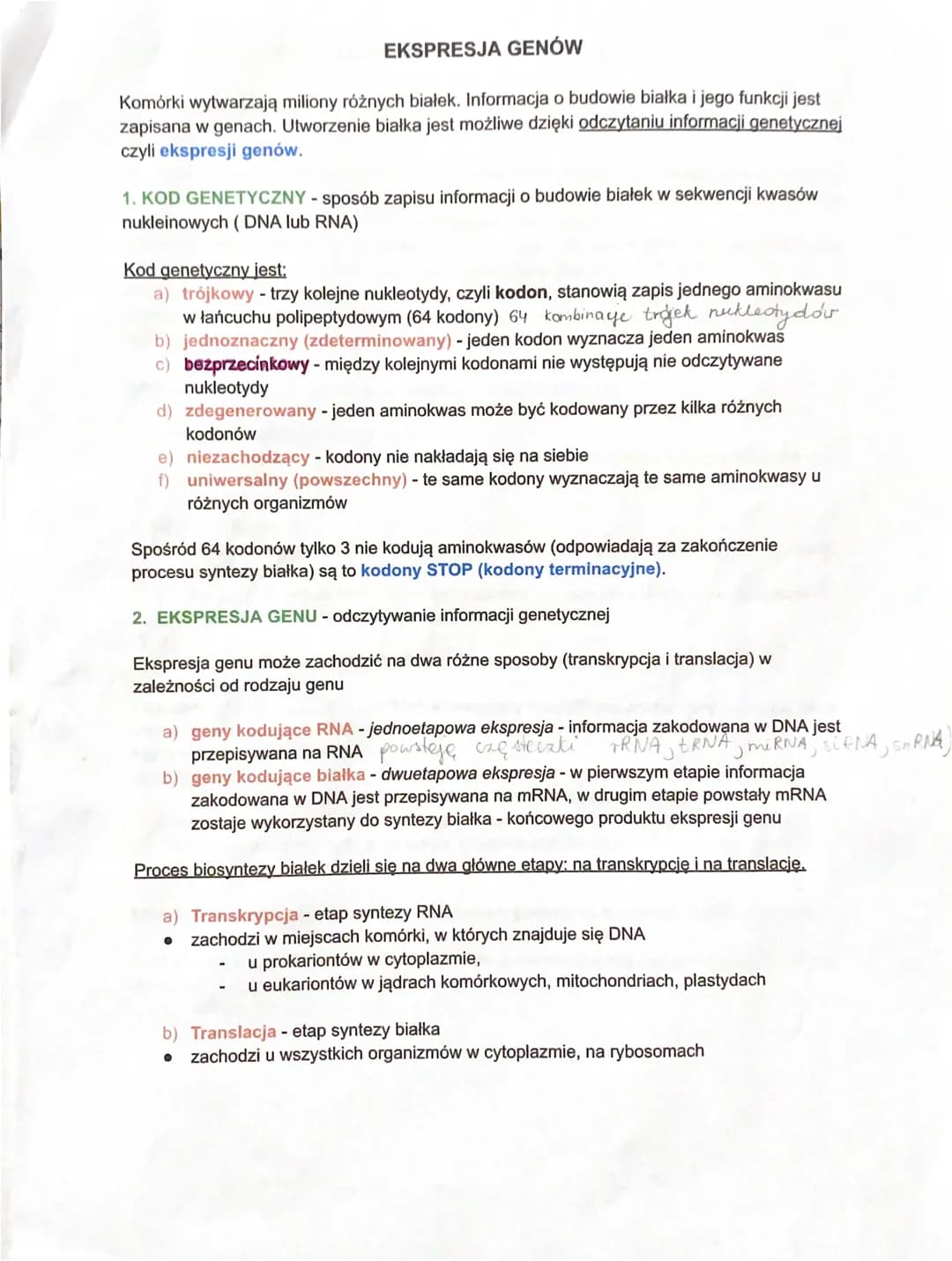 EKSPRESJA GENÓW
Komórki wytwarzają miliony różnych białek. Informacja o budowie białka i jego funkcji jest
zapisana w genach. Utworzenie bia