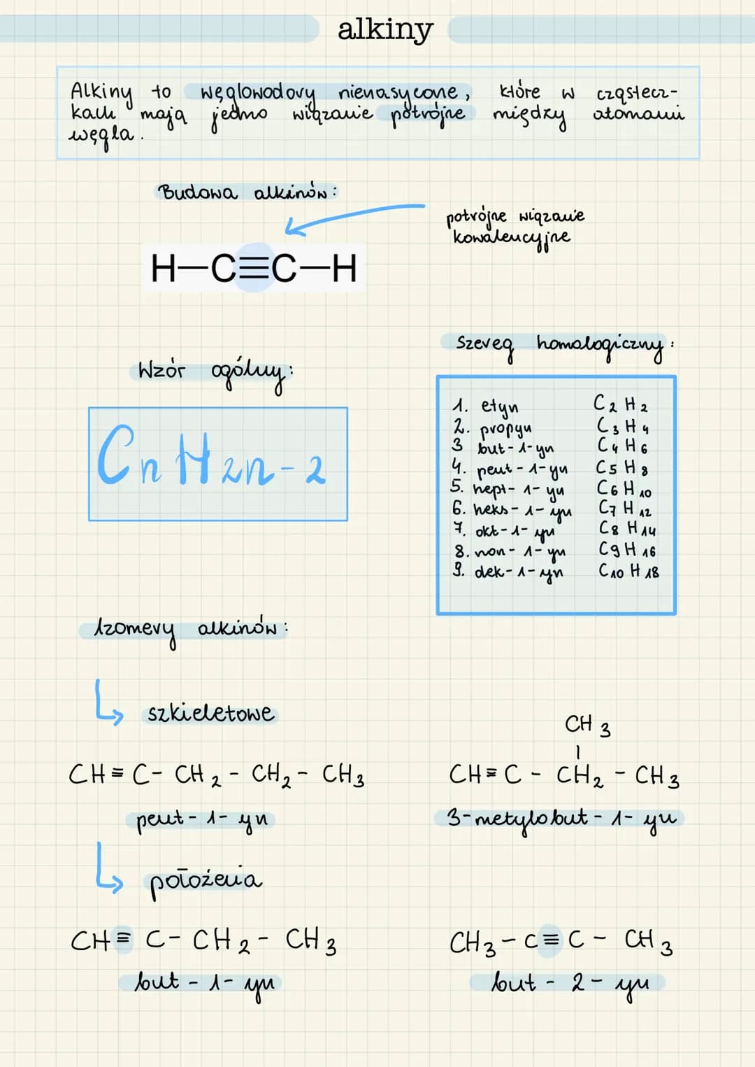 alkiny
które w
cząstecz-
Alking to węglowodory nienasycone,
kall maja jedno wiązanie potrójne między atomami
węgla.
Budowa alkinów:
H-C=C-H
