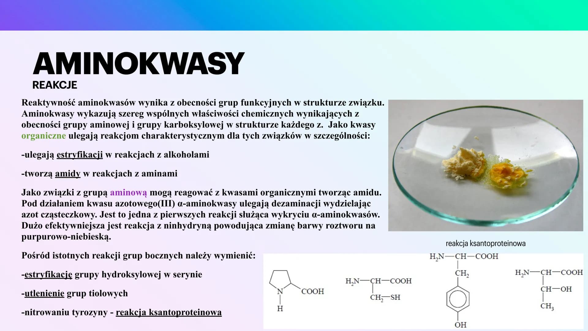 BIAŁKA
I AMINOKWASY
KAROLINA JANKOWSKA AMINOKWASY
CZYM SĄ?
Aminokwasy to związki chemiczne, które po
połączeniu się tworzą białko. Każde bia