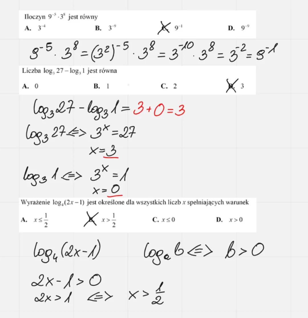 Iloczyn 97
A. 34
jest równy
A. 0
B. 39
*
9-1
38 3²=8-1
3-5. 3³ = (3²)-5. 38 - 3-10. 38.
-2
=
Liczba log, 27-log, 1 jest równa
B. 1
X3
C. 2
l