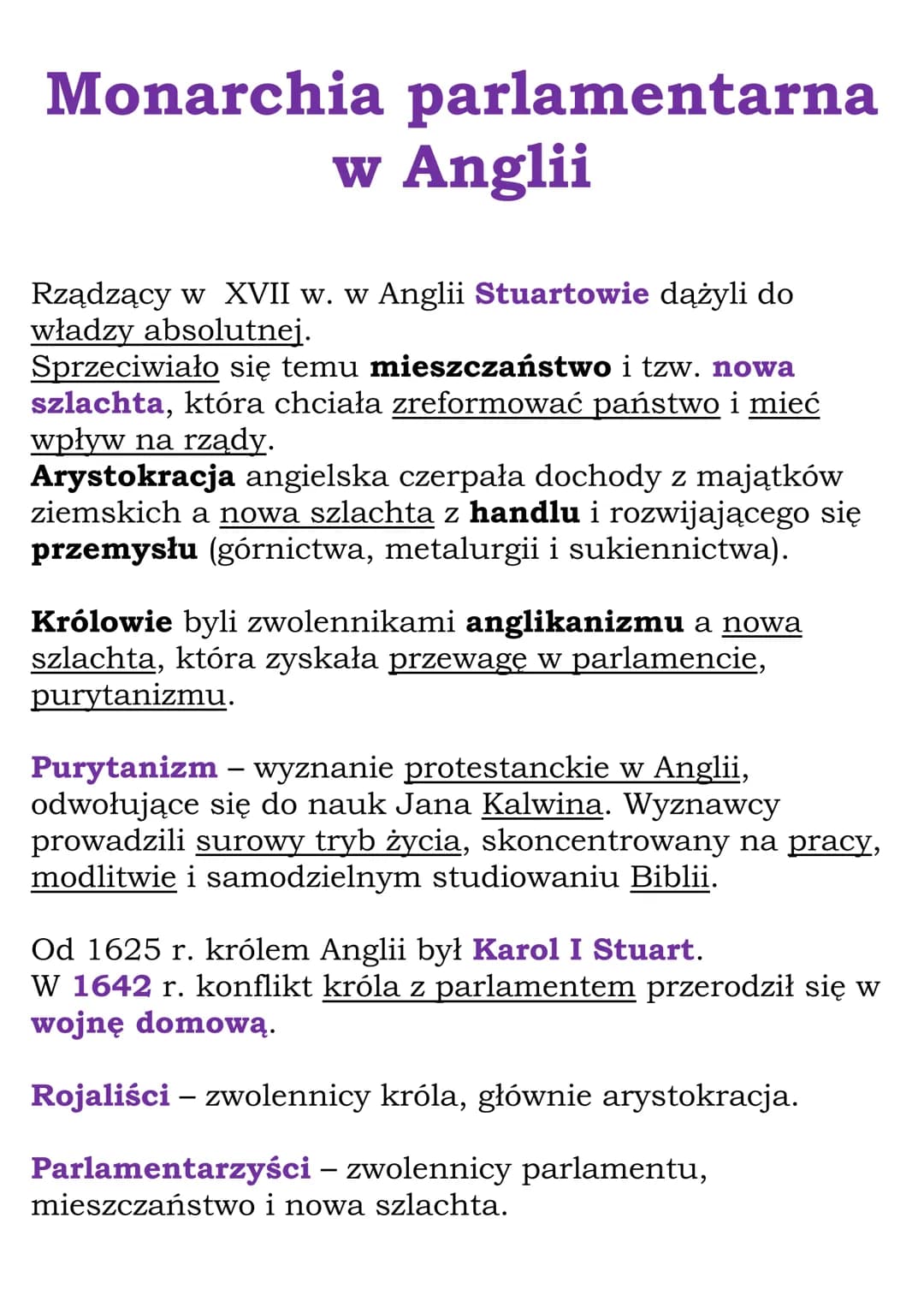 Monarchia parlamentarna
w Anglii
Rządzący w XVII w. w Anglii Stuartowie dążyli do
władzy absolutnej.
Sprzeciwiało się temu mieszczaństwo i t