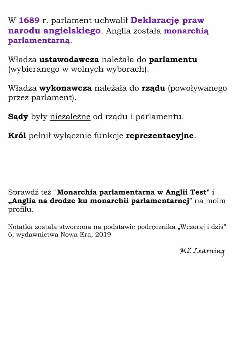 Monarchia parlamentarna
w Anglii
Rządzący w XVII w. w Anglii Stuartowie dążyli do
władzy absolutnej.
Sprzeciwiało się temu mieszczaństwo i t