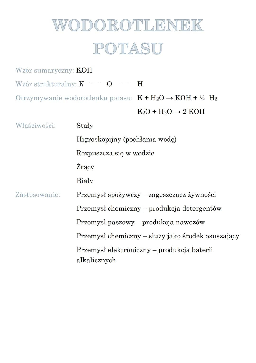 WODOROTLENEK SODU
Wzór sumaryczny: NaOH
Wzór strukturalny: Na
Otrzymywanie wodorotlenku sodu:
Właściwości:
Zastosowanie:
- H
Niepalny
Stały
