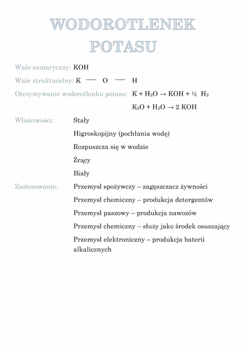 WODOROTLENEK SODU
Wzór sumaryczny: NaOH
Wzór strukturalny: Na
Otrzymywanie wodorotlenku sodu:
Właściwości:
Zastosowanie:
- H
Niepalny
Stały
