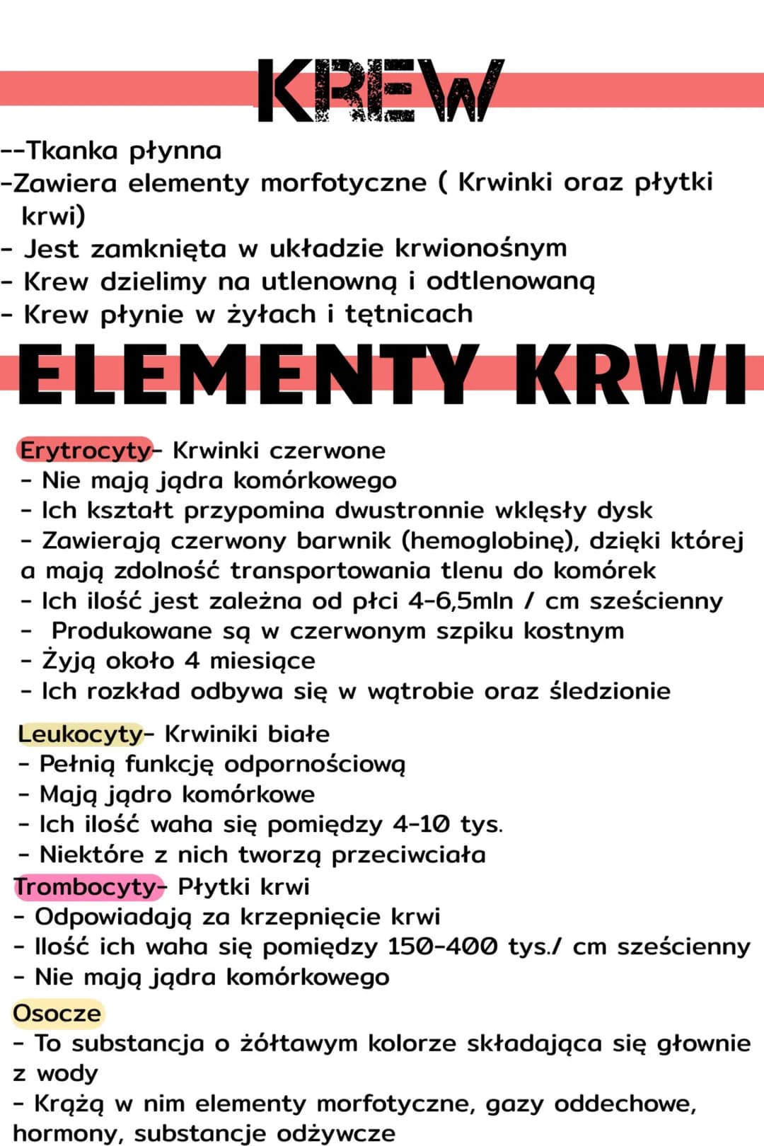 
<p>Krew składa się z tkanki płynnej, która zawiera elementy morfotyczne, takie jak krwinki oraz płytki krwi. Jest zamknięta w układzie krwi