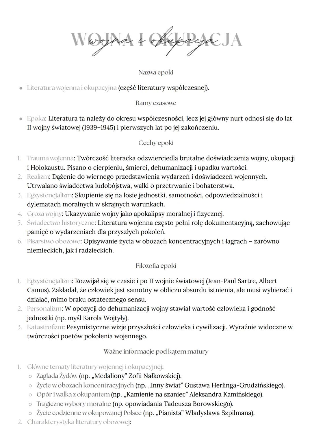 WOJNA + OKJPACJA
Nazwa epoki
⚫ Literatura wojenna i okupacyjna (część literatury współczesnej).
Ramy czasowe
⚫ Epoka: Literatura ta należy d