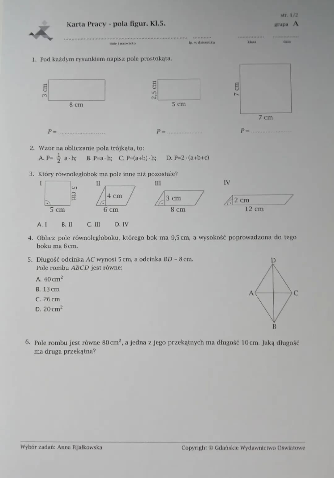 Karta pracy, do druku. Pola figur. Matematyka, klasa 5.