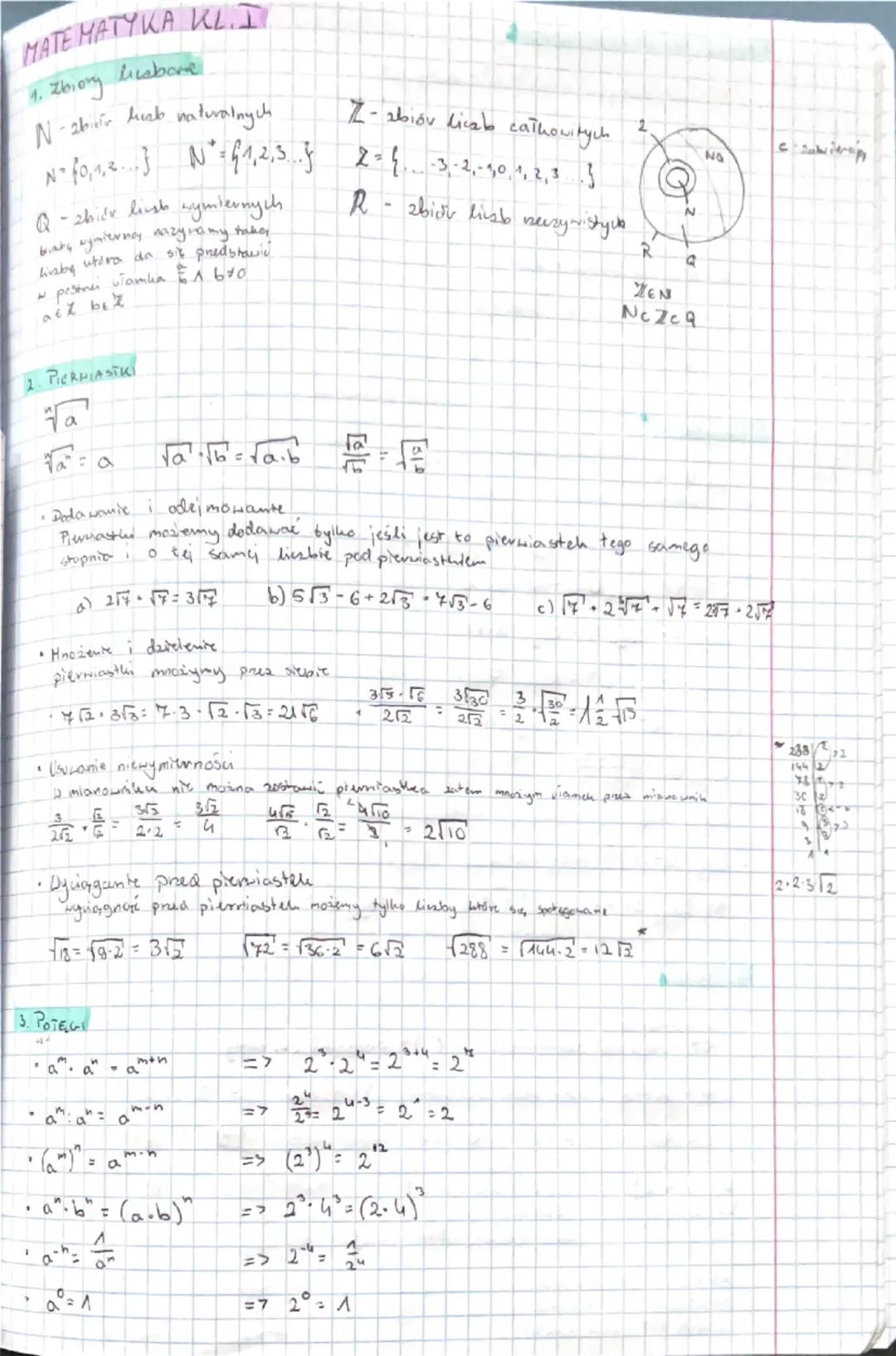 # MATEMATYKA KL.I

1. Zbiory liusbora

N-2biver his naturalnych

$N°$ 40,1,2} $N = 61,2,3... 4$ 2=$4-3-2,-1,0,1,2,3}

Q-zbile lush wymiernyc
