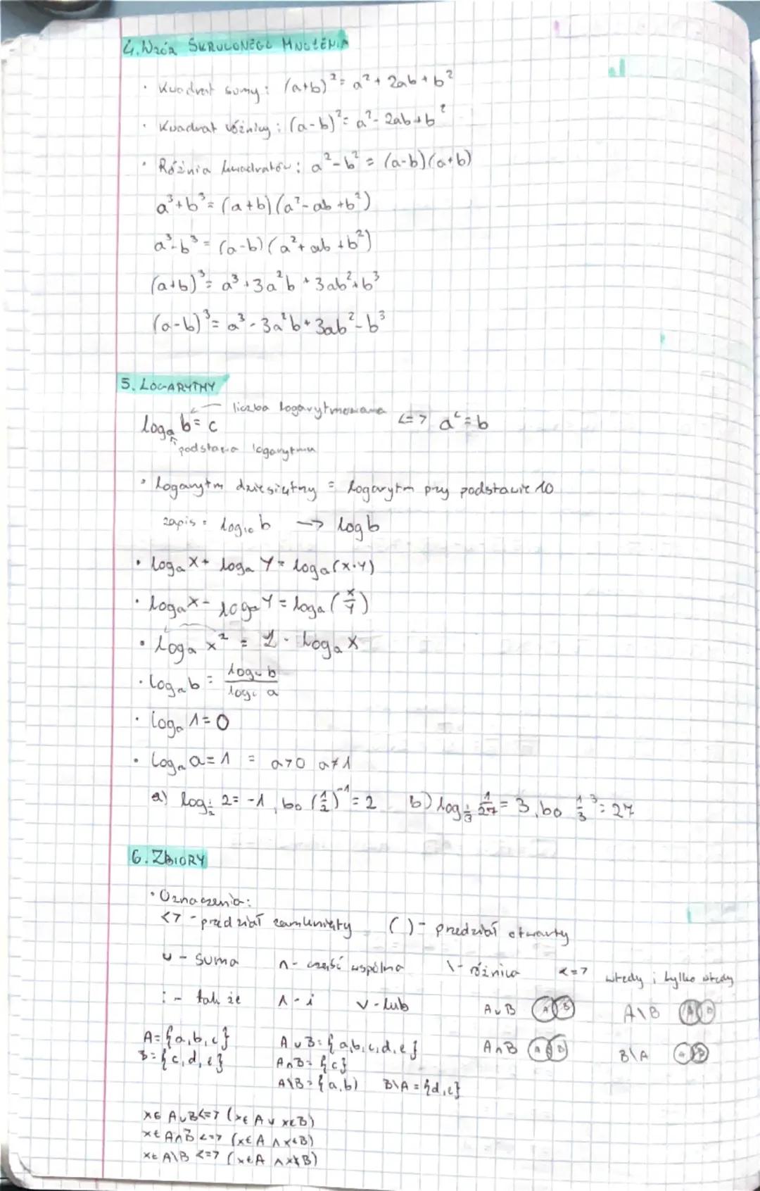# MATEMATYKA KL.I

1. Zbiory liusbora

N-2biver his naturalnych

$N°$ 40,1,2} $N = 61,2,3... 4$ 2=$4-3-2,-1,0,1,2,3}

Q-zbile lush wymiernyc