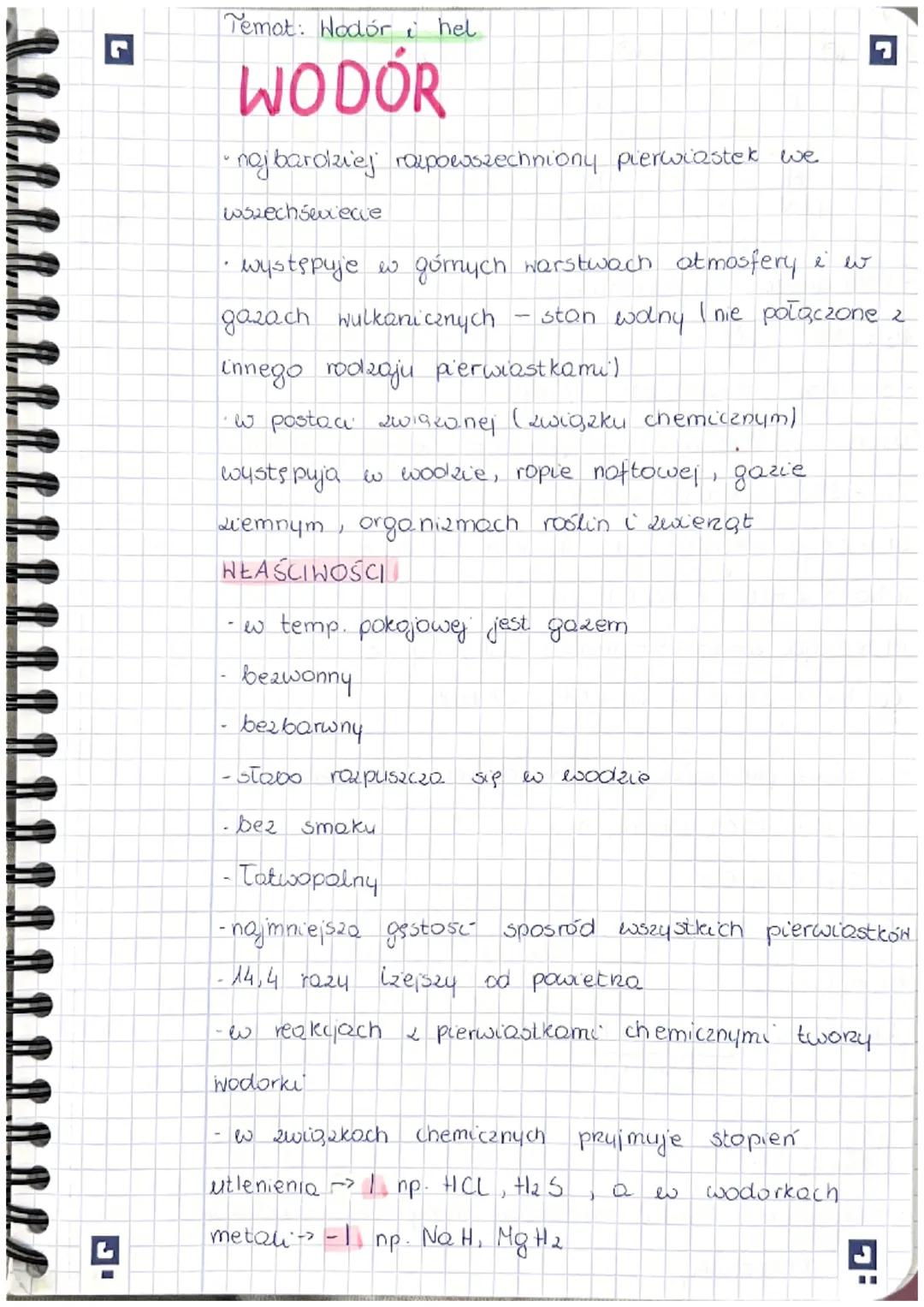 L
Temot: Hodór i hel
WODÓR
• najbardziej rozpowszechniony pierwiastek we
wszechśwxecce
występuje w górnych warstwach atmosfery i w
gazach wu