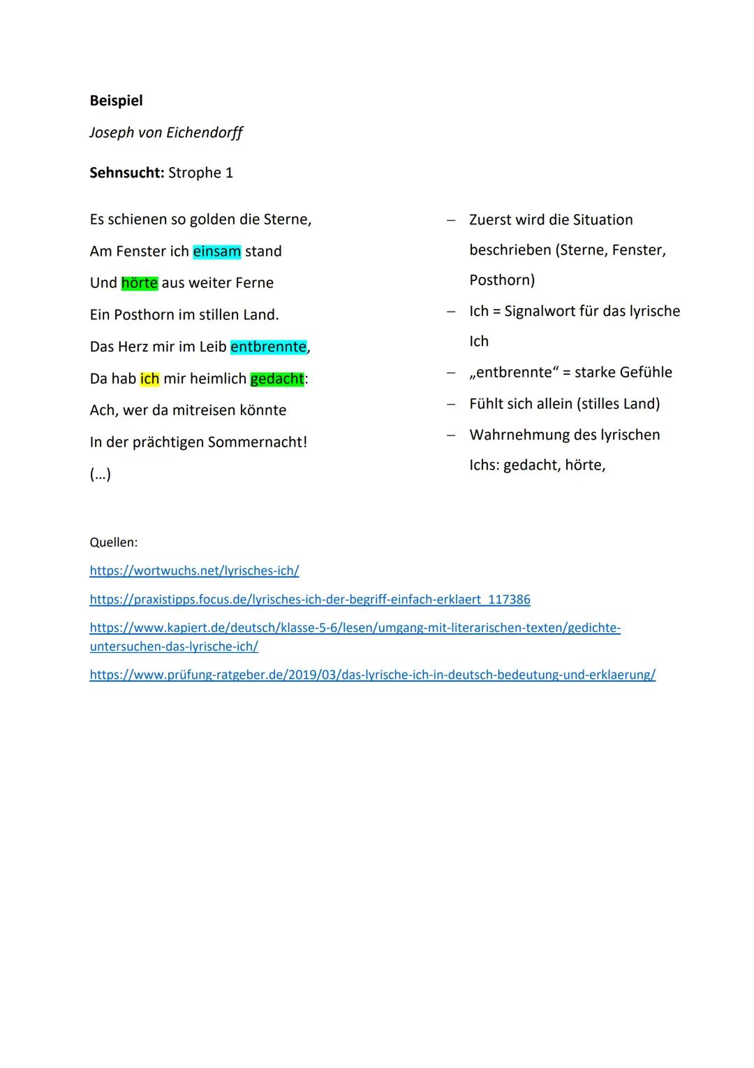 Das lyrische Ich

Was ist das lyrische Ich?

- Ist der Sprecher eines Gedichts
- Ist *nicht* der Autor des Textes
- Taucht nur in der Lyrik 