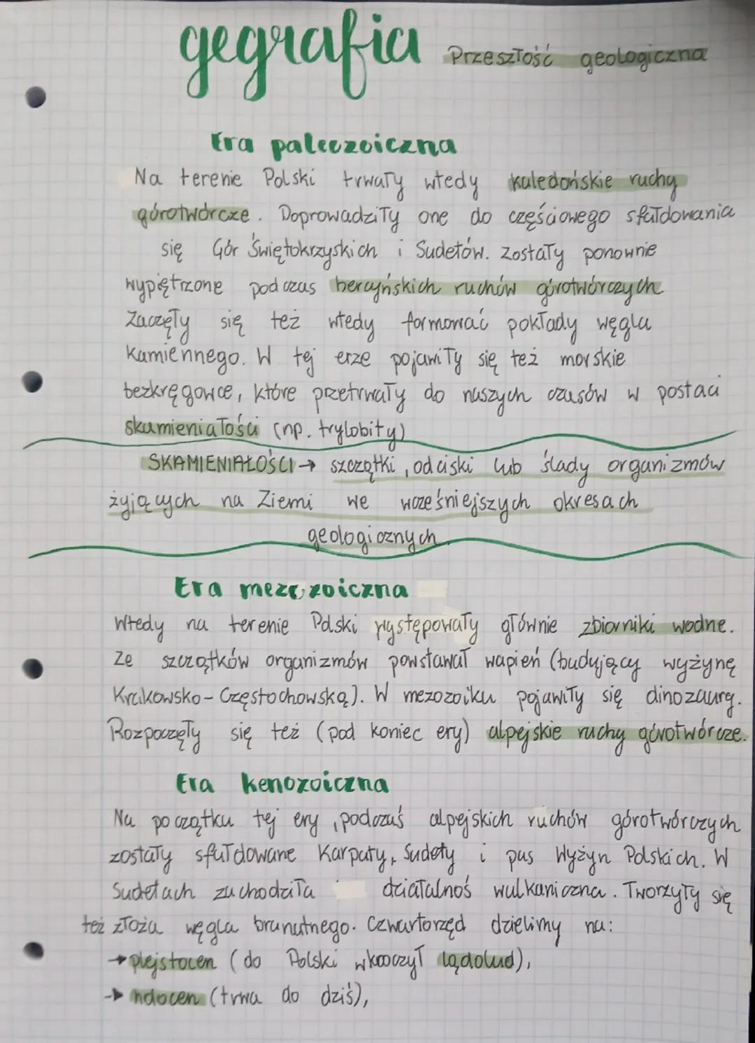 •
geografia Przeszłość geologiczna
Era paleozoiczna
Na terenie Polski trwały wtedy kaledońskie ruchy
górotwórcze. Doprowadziły one do części