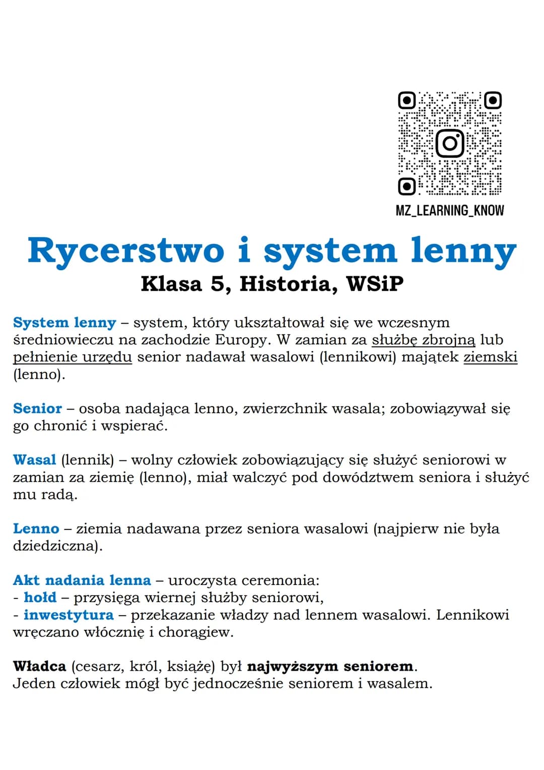 --- OCR Start ---
MZ_LEARNING_KNOW
Rycerstwo i system lenny
Klasa 5, Historia, WSiP
System lenny - system, który ukształtował się we wczesny