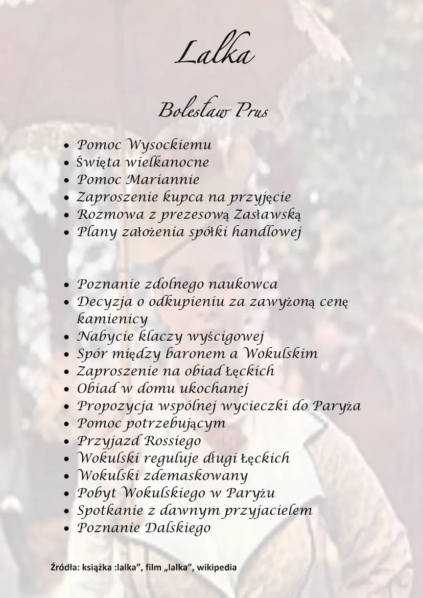 Lalka
Bolestaw Prus
Bohaterowie:
• Stanisław Wokulski
Ignacy Rzecki
• Baronowa Krzeszowska
• Izabela Łęcka
●
Julian Ochocki
• Tomasz Łęcki
●