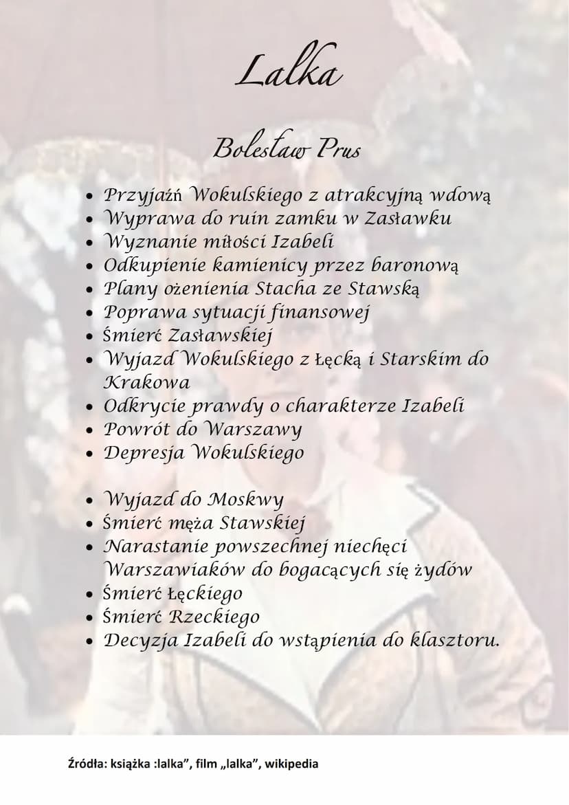 Lalka
Bolestaw Prus
Bohaterowie:
• Stanisław Wokulski
Ignacy Rzecki
• Baronowa Krzeszowska
• Izabela Łęcka
●
Julian Ochocki
• Tomasz Łęcki
●