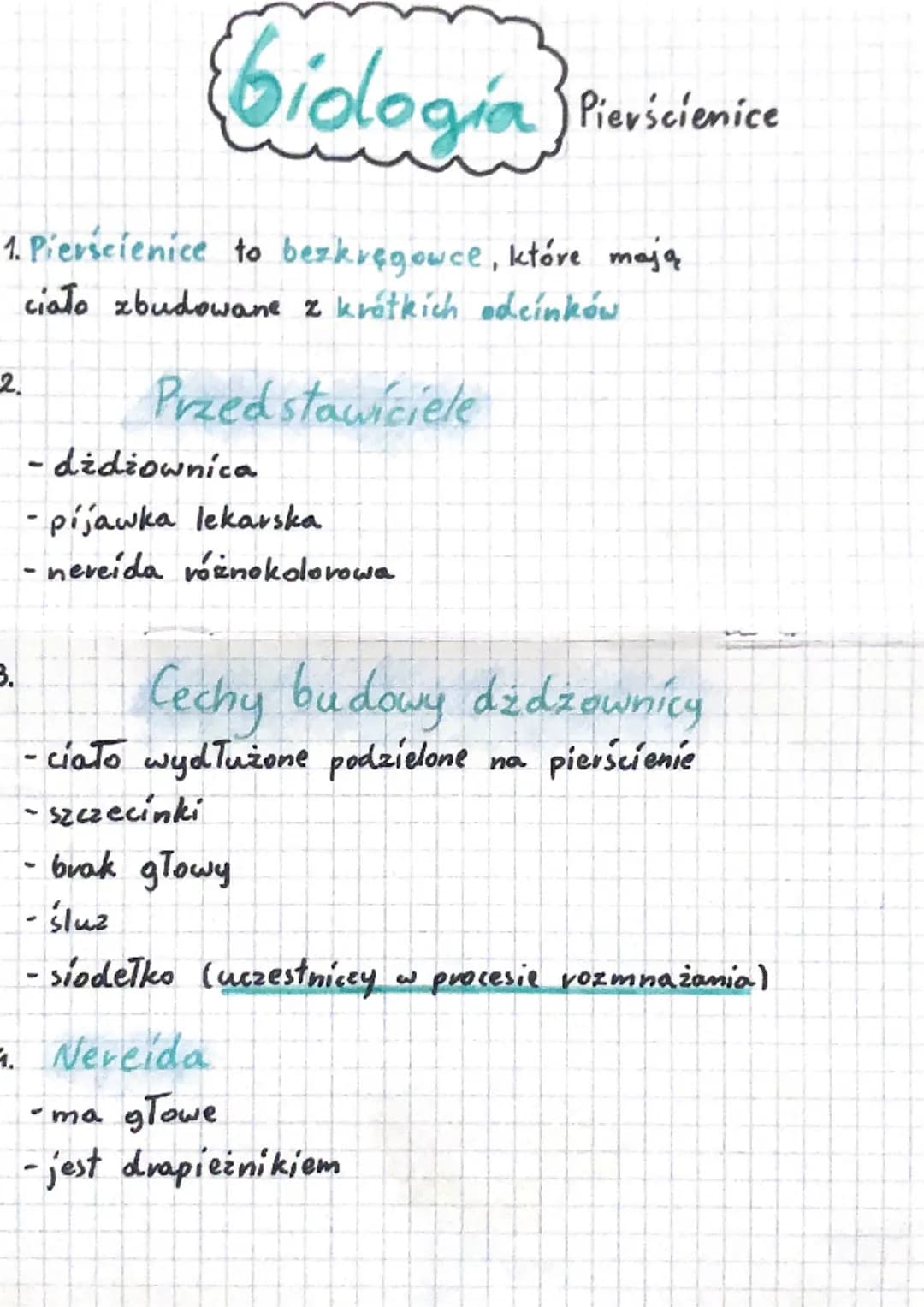 biologia
1. Pierścienice to bezkręgowce, które mają
cialo zbudowane z krótkich odcinków
Przedstawiciele
2.
- dżdżownica
- pijawka lekarska
-