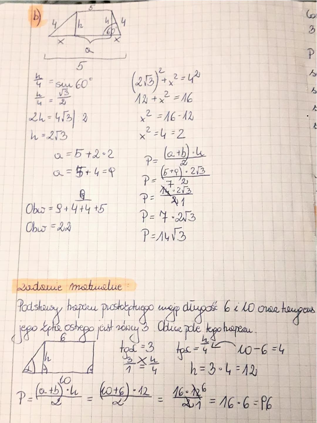 Pole coworxpte.
1/211. Oblica
P = ? Obw = ²
8
Ih
и
8 biu 60°
농사를
pole e dawid nówudegioboda.
P=a•h
P= 8-4√3
P= 32√3
2h = 8√3|.2
h = 8√3
8√3
