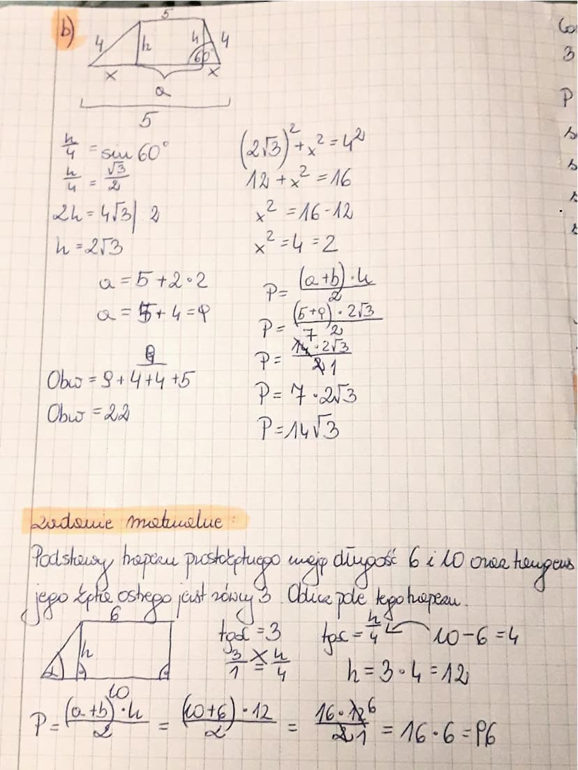 Pole coworxpte.
1/211. Oblica
P = ? Obw = ²
8
Ih
и
8 biu 60°
농사를
pole e dawid nówudegioboda.
P=a•h
P= 8-4√3
P= 32√3
2h = 8√3|.2
h = 8√3
8√3
