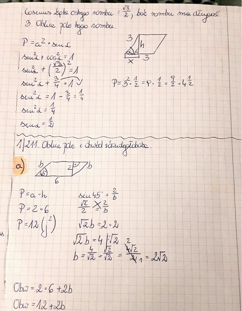 Pole coworxpte.
1/211. Oblica
P = ? Obw = ²
8
Ih
и
8 biu 60°
농사를
pole e dawid nówudegioboda.
P=a•h
P= 8-4√3
P= 32√3
2h = 8√3|.2
h = 8√3
8√3
