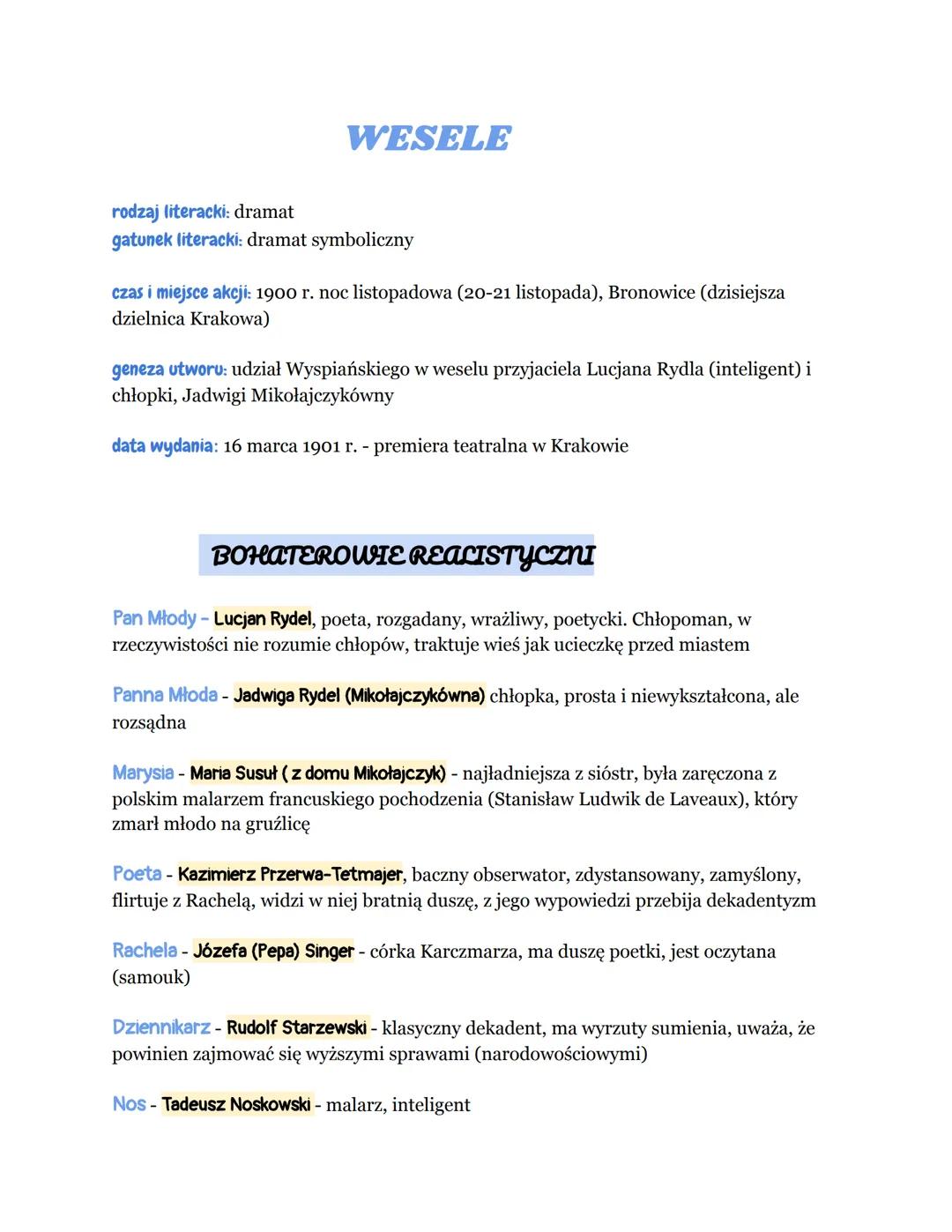 # WESELE

rodzaj literacki: dramat
gatunek literacki: dramat symboliczny

czas i miejsce akcji: 1900 r. noc listopadowa (20-21 listopada), B