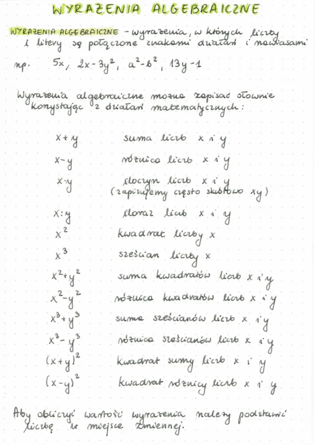 WYRAZENIA ALGEBRAICZNE
WYRAZENIA ALGEBRAICZNE
wyrazenia, w których liczby
i litery są połączone znakomi działań
up.
5x, 2x-3y², a ²-6², 13y-