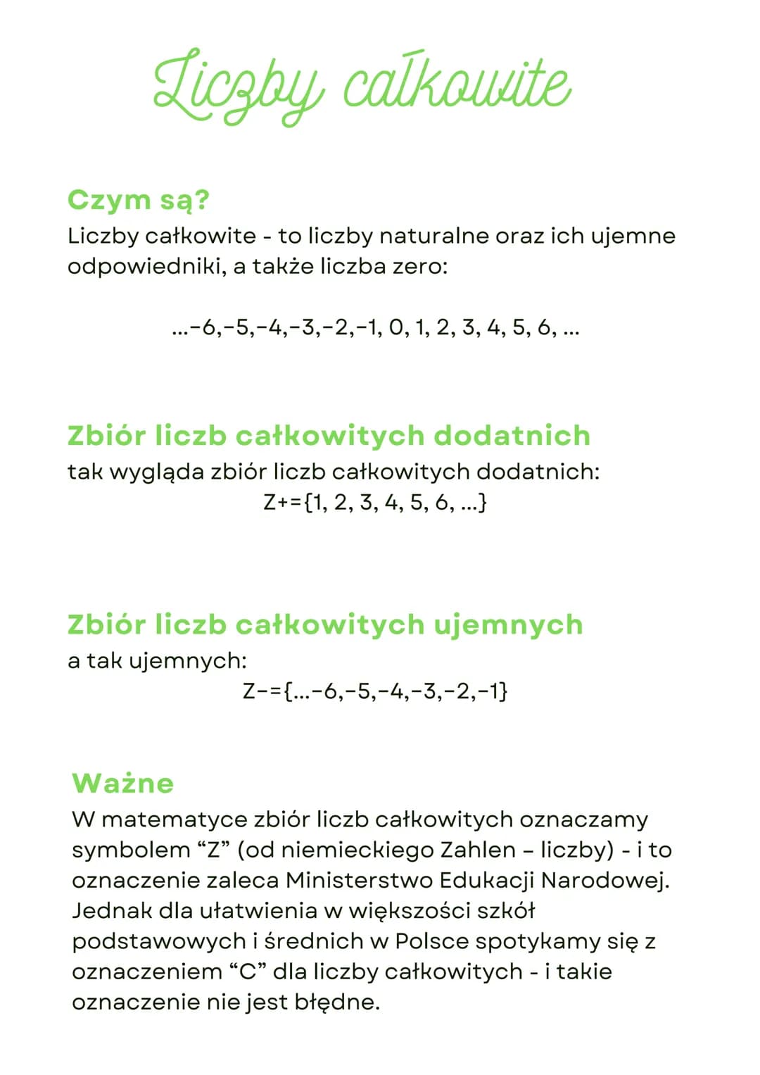 Liczby całkowite
Czym są?
Liczby całkowite - to liczby naturalne oraz ich ujemne
odpowiedniki, a także liczba zero:
...-6, -5,-4,-3,-2,-1, 0