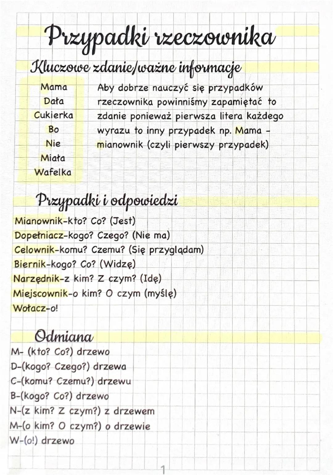 Przypadki rzeczownika
Kluczowe zdanie/ważne informacje
Mama
Dała
Cukierka
Bo
Nie
Miała
Wafelka
Aby dobrze nauczyć się przypadków
rzeczownika