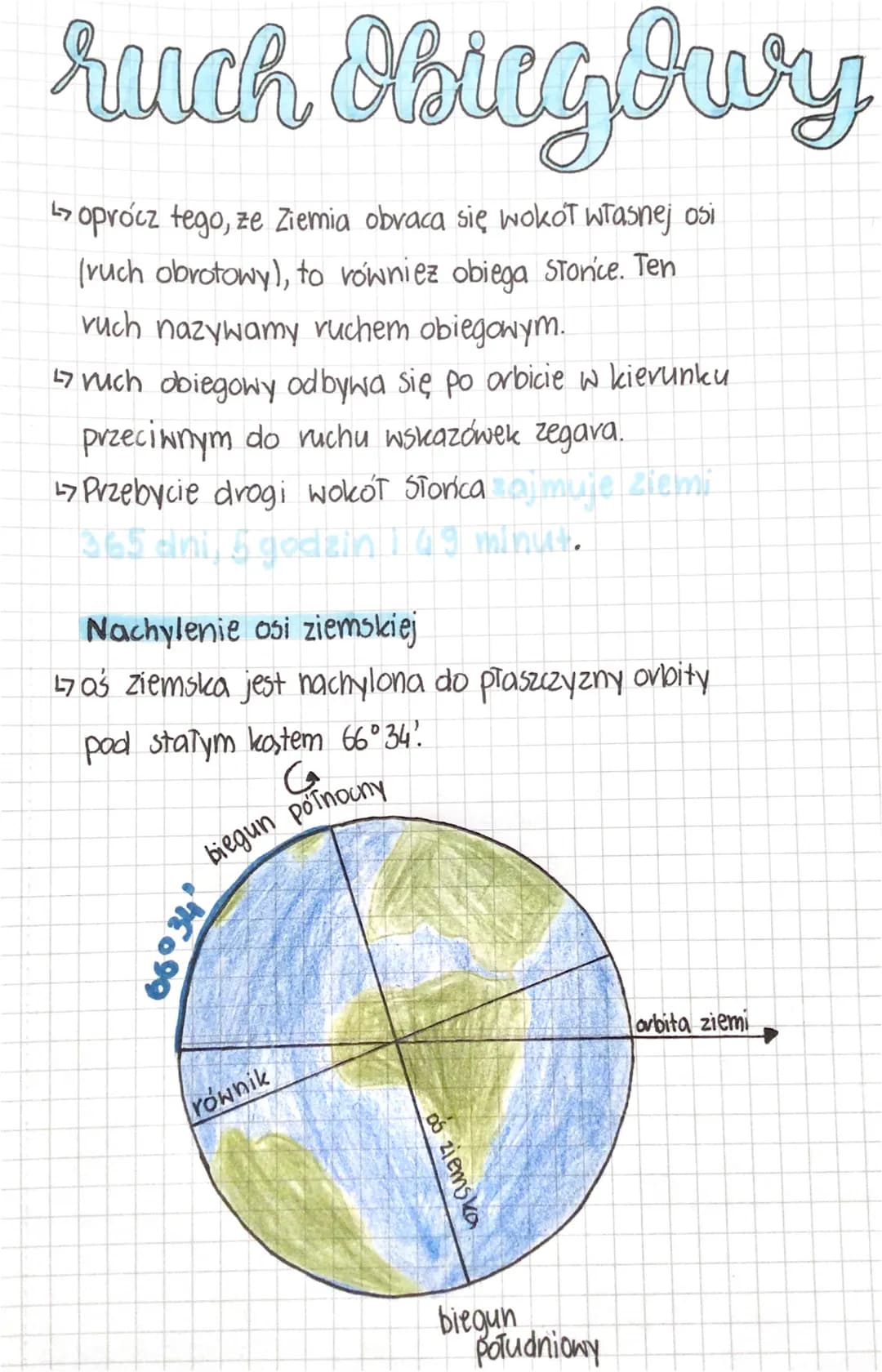 ruch Obingowy
oprócz tego, ze Ziemia obraca się wokoT własnej osi
(ruch obrotowy), to równiez obiega Stonice. Ten
ruch nazywamy ruchem obieg