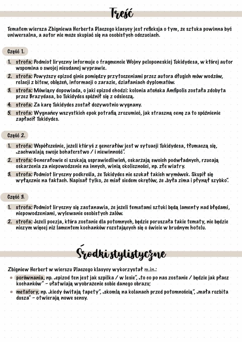 Dlaczego klasycy
interpretacja
Dlaczego klasycy Zbigniewa Herberta to wiersz z tomu Napis z 1969 r.
•Utwór programowy - sztuka klasyczna to 