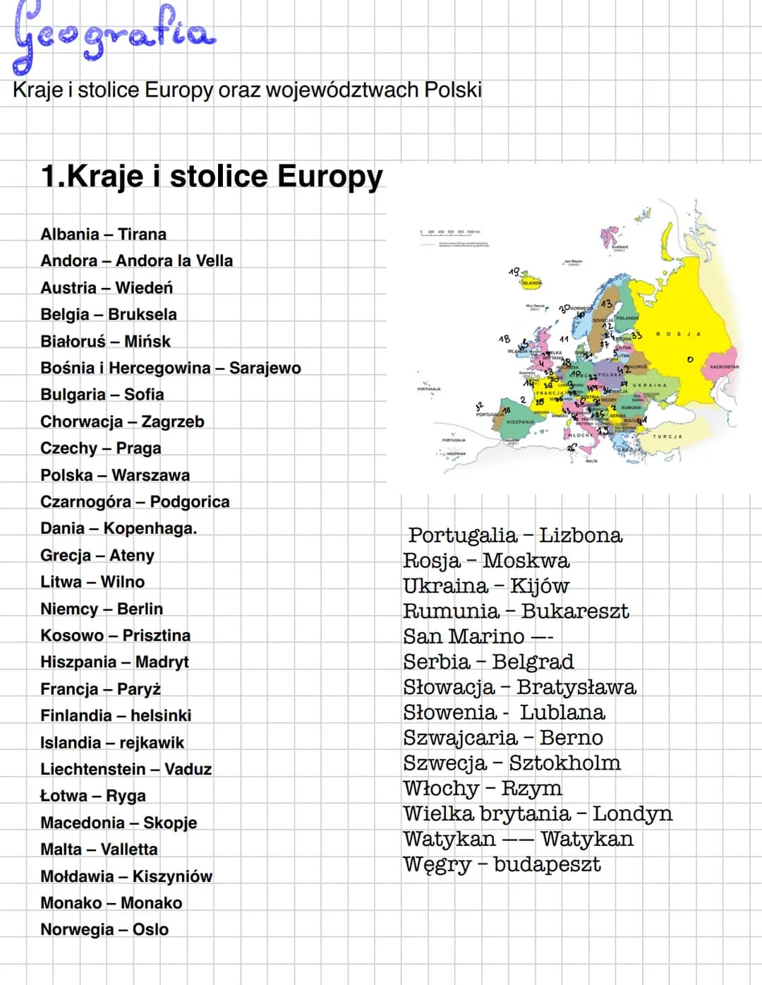 Geografia
Kraje i stolice Europy oraz województwach Polski
1.Kraje i stolice Europy
Albania - Tirana
Andora - Andora la Vella
Austria - Wied