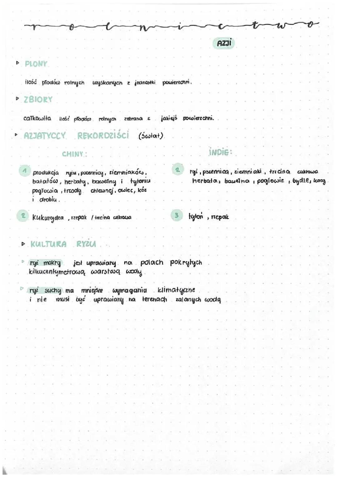 notatka rolnictwo azji / azja 