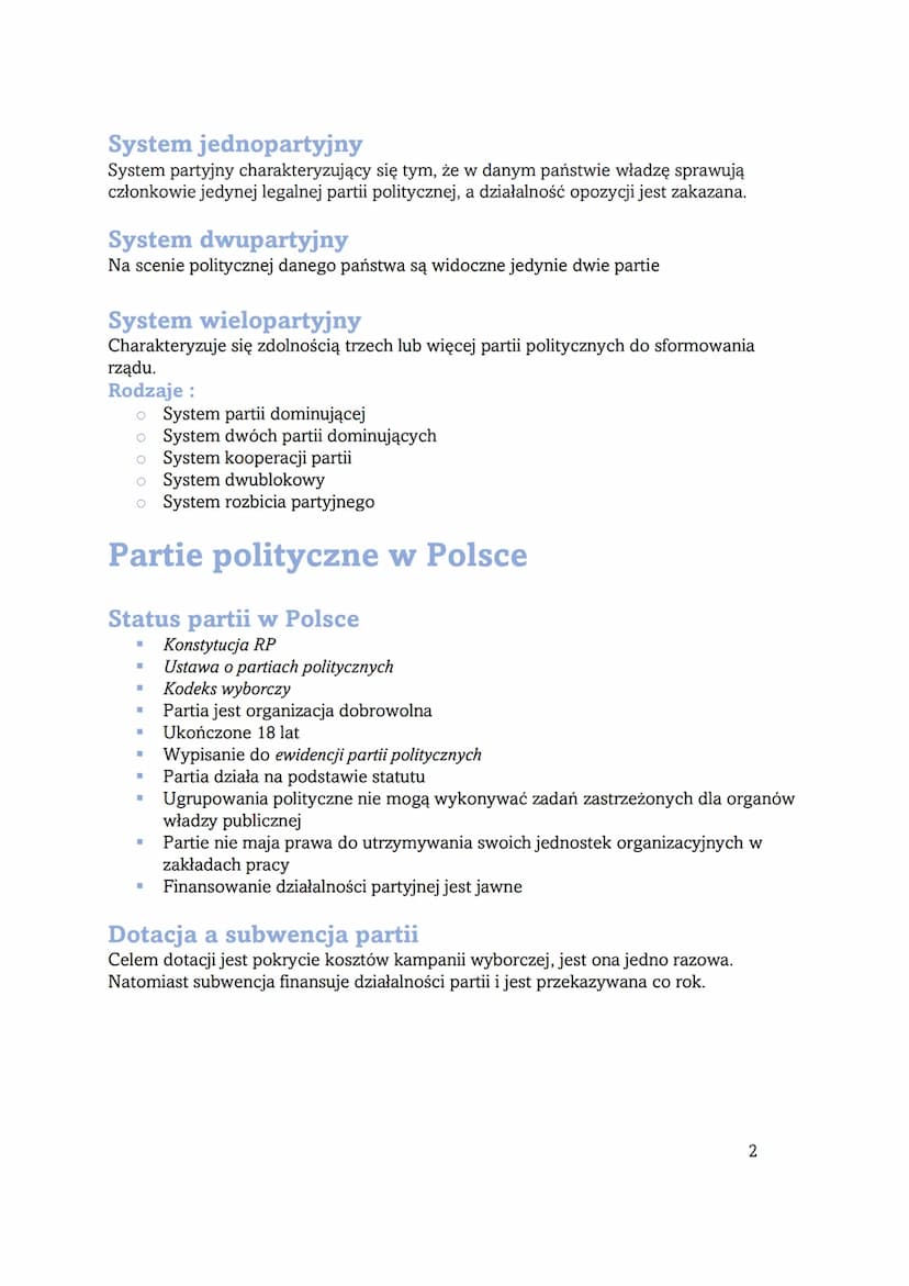 
<h2 id="partiepolityczne">Partie Polityczne</h2>
<p>Partia polityczna to dobrowolna organizacja dążąca do zdobycia lub utrzymania władzy w 