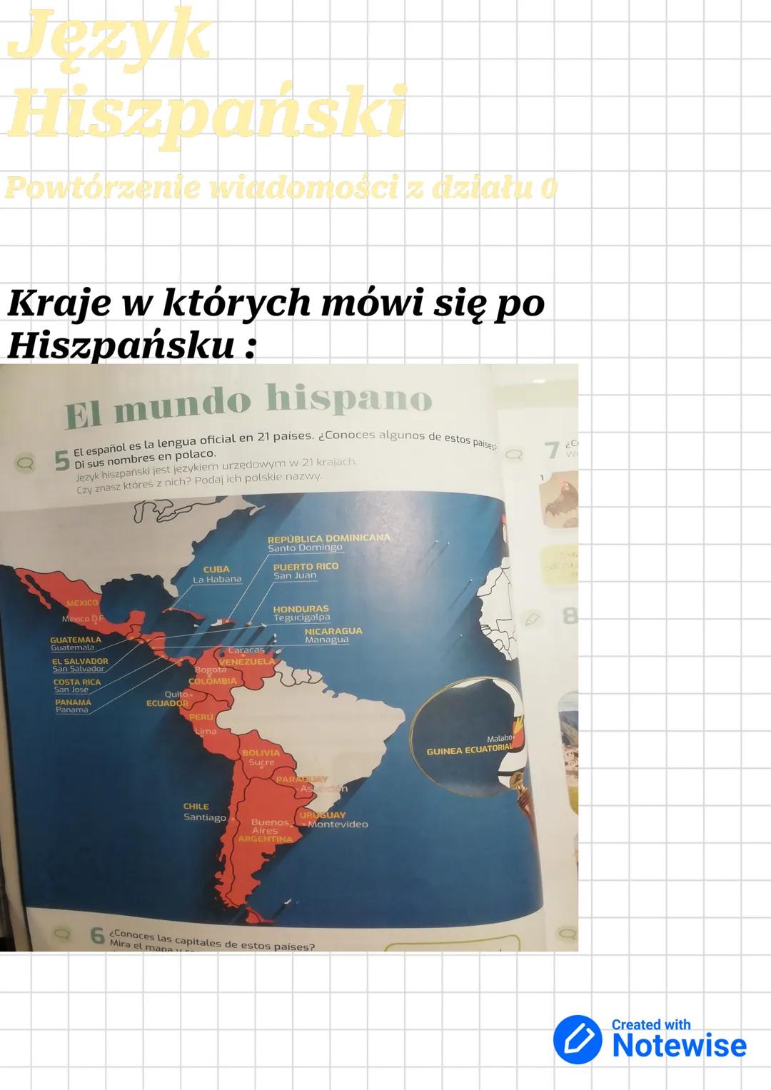# Język

# Hiszpański

Powtórzenie wiadomości z działu o

# Kraje w których mówi się po
# Hiszpańsku :

## El mundo hispano

El español es l
