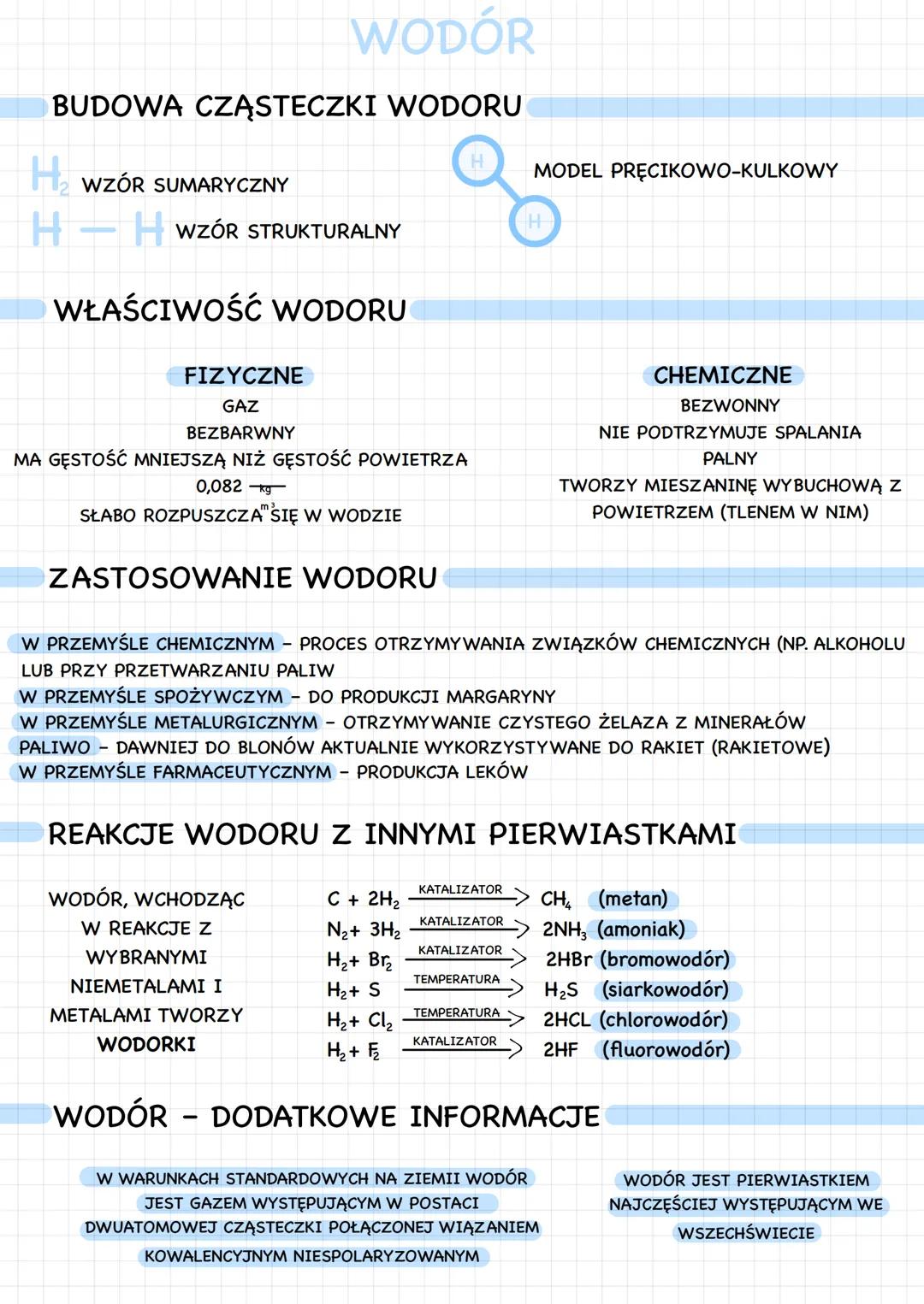 # WODÓR

BUDOWA CZĄSTECZKI WODORU

$H_2$ WZÓR SUMARYCZNY

$H-H$ WZÓR STRUKTURALNY

MODEL PRĘCIKOWO-KULKOWY

WŁAŚCIWOŚĆ WODORU

FIZYCZNE

GAZ