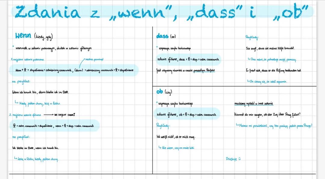 Zdania ze spójnikami wenn, dass i ob - Przykłady i Wytłumaczenie