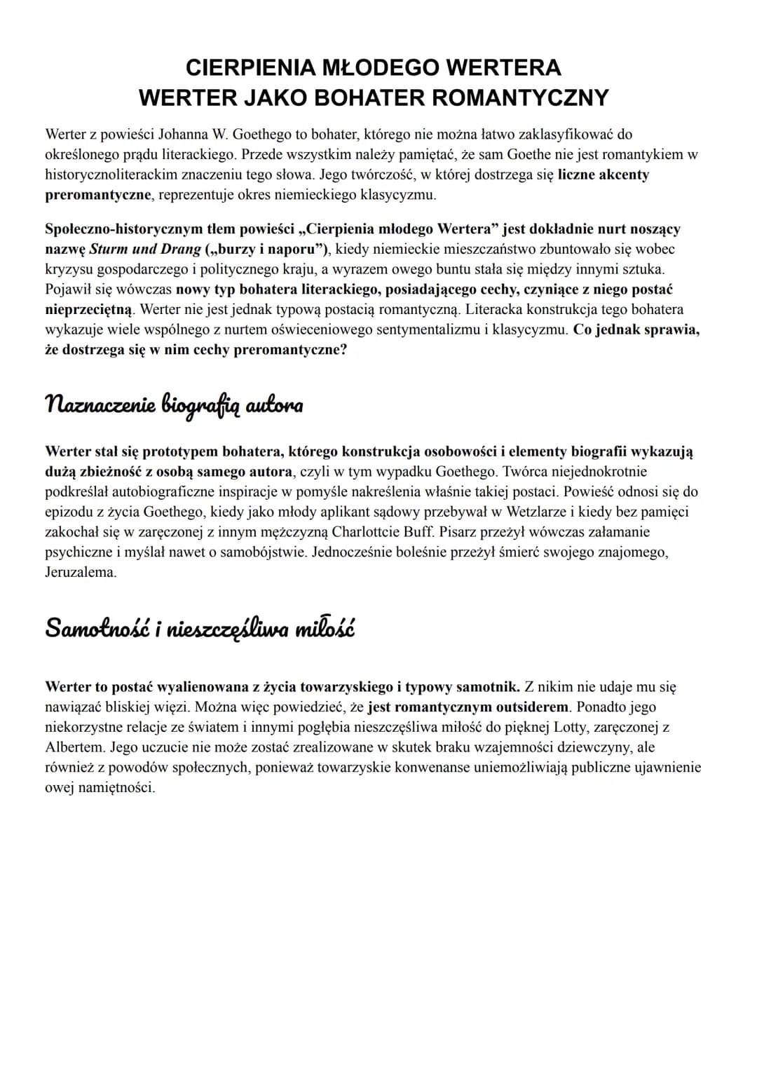 <h2 id="cierpieniamodegowerterastreszczenie">Cierpienia młodego Wertera - streszczenie</h2>
<p>Werter, jako bohater romantyczny, nie jest ła