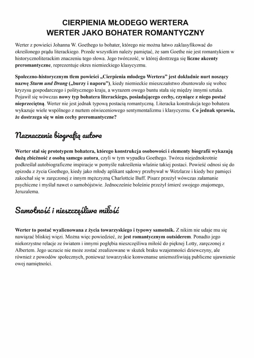 <h2 id="cierpieniamodegowerterastreszczenie">Cierpienia młodego Wertera - streszczenie</h2>
<p>Werter, jako bohater romantyczny, nie jest ła