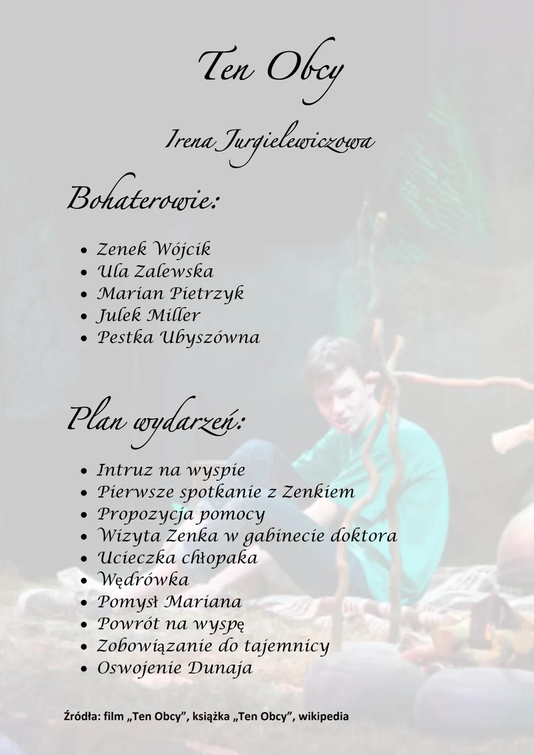 Ten Obey
Irena Jurgielewiczowa
Bohaterowie:
• Zenek Wójcik
• Ula Zalewska
• Marian Pietrzyk
● Julek Miller
• Pestka Ubyszówna
Plan wydarzeń: