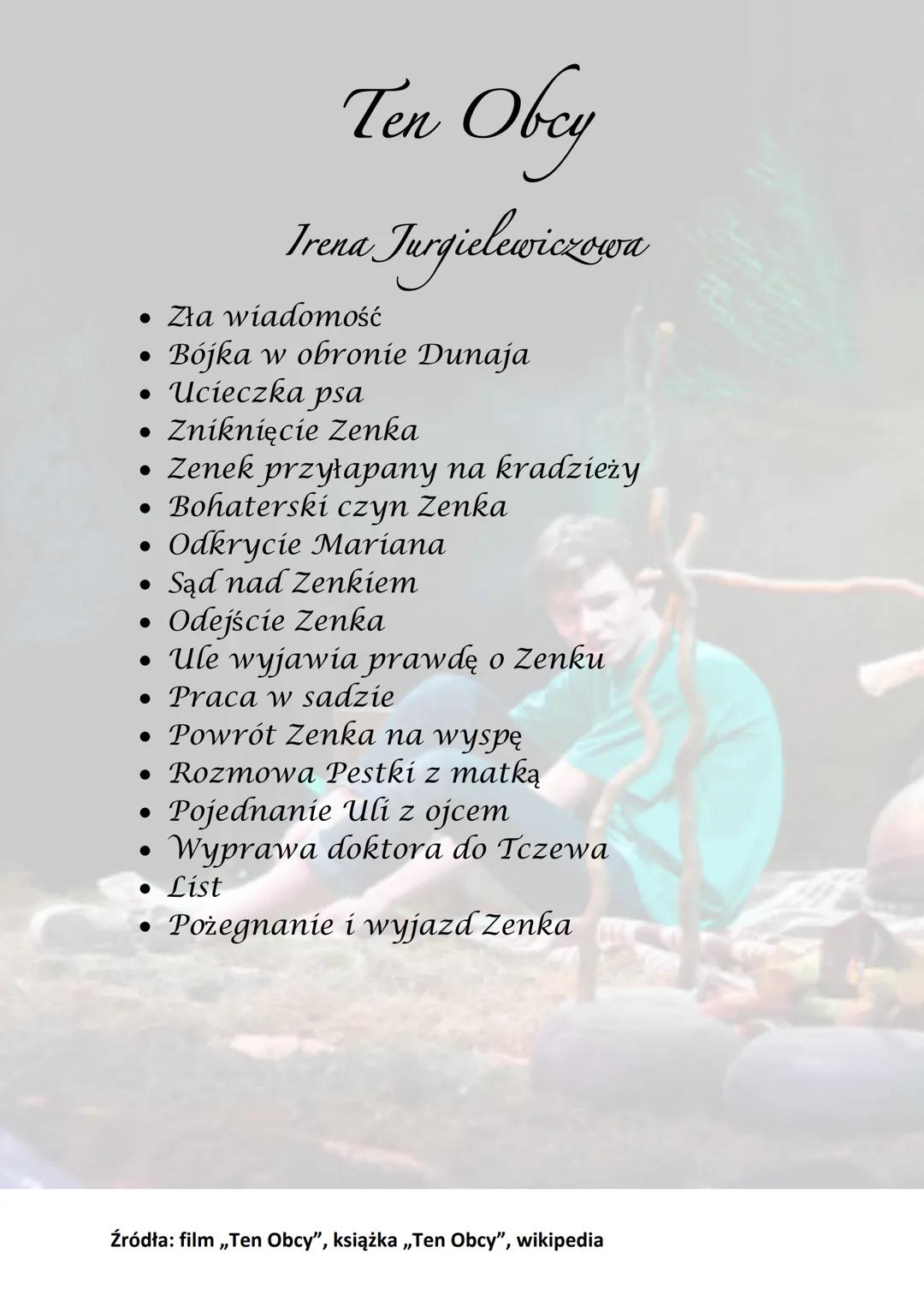 Ten Obey
Irena Jurgielewiczowa
Bohaterowie:
• Zenek Wójcik
• Ula Zalewska
• Marian Pietrzyk
● Julek Miller
• Pestka Ubyszówna
Plan wydarzeń: