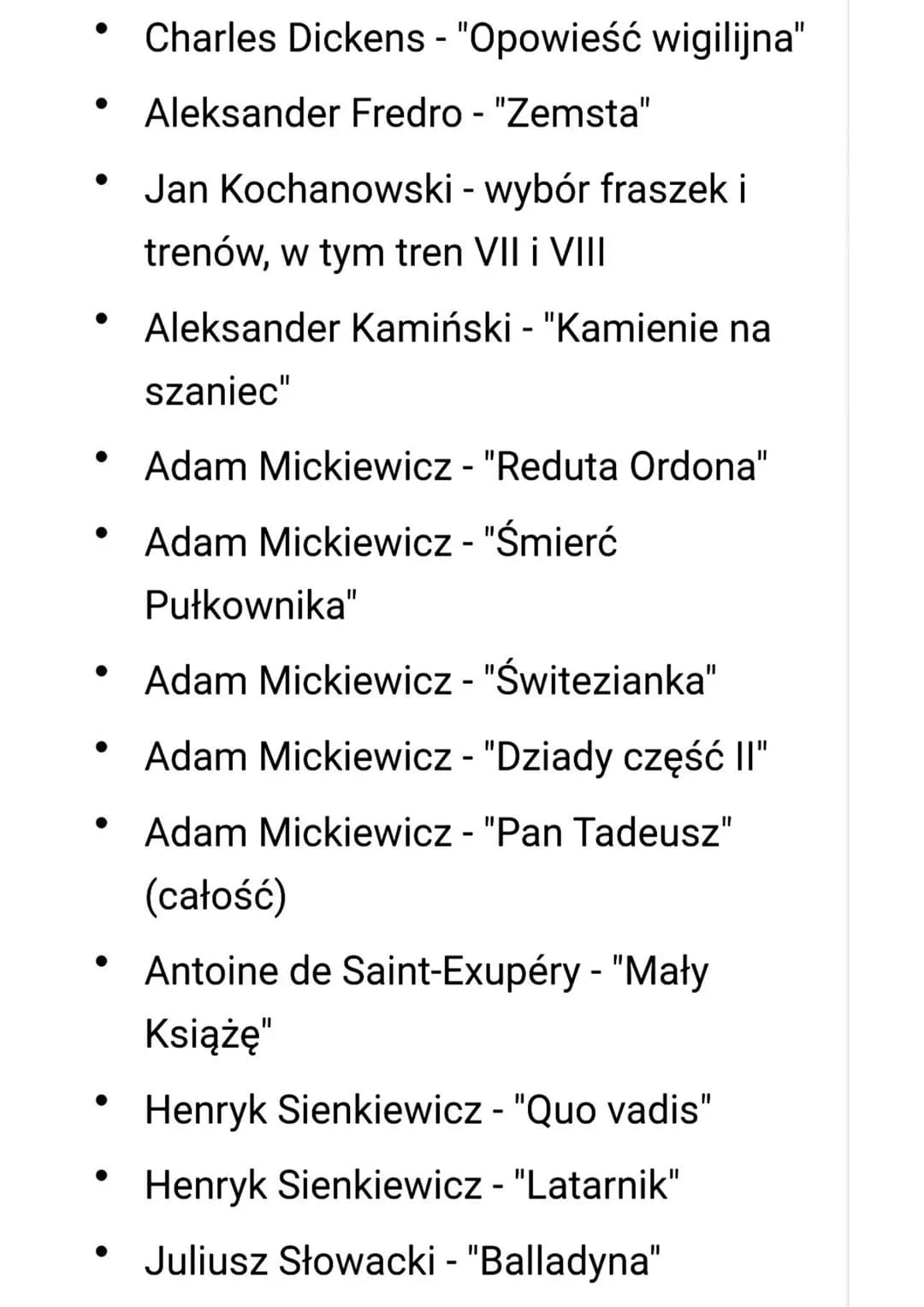 ●
●
●
●
●
Charles Dickens - "Opowieść wigilijna"
Aleksander Fredro - "Zemsta"
Jan Kochanowski - wybór fraszek i
trenów, w tym tren VII i VII
