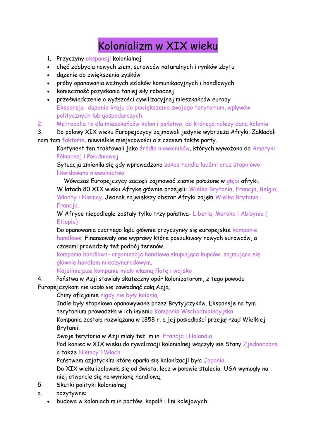 2.
3.
Kolonializm w XIX wieku
1. Przyczyny ekspansji kolonialnej
•
•
•
•
chęć zdobycia nowych ziem, surowców naturalnych i rynków zbytu
dąże