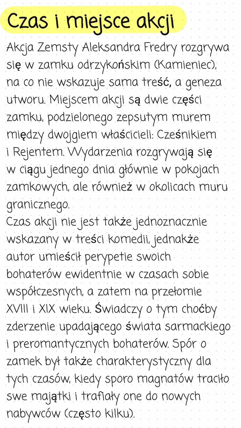 Zemsta
Streszczenie
Akcja toczy się na zamku, który podzielony jest na dwie
części murem. Jedna część należy do Cześnika Macieja
Raptusiewic