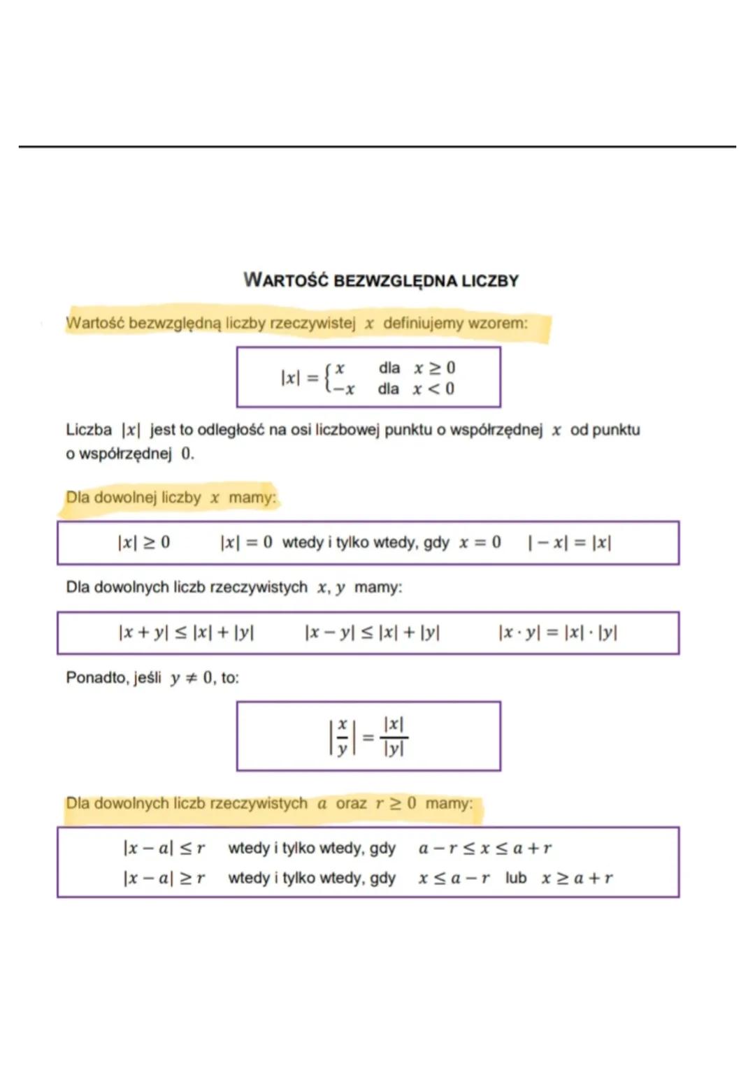WARTOŚĆ BEZWZGLĘDNA LICZBY
Wartość bezwzględną liczby rzeczywistej x definiujemy wzorem:
|x1 = {xx
dla x ≥ 0
dla x < 0
Liczba |x| jest to od
