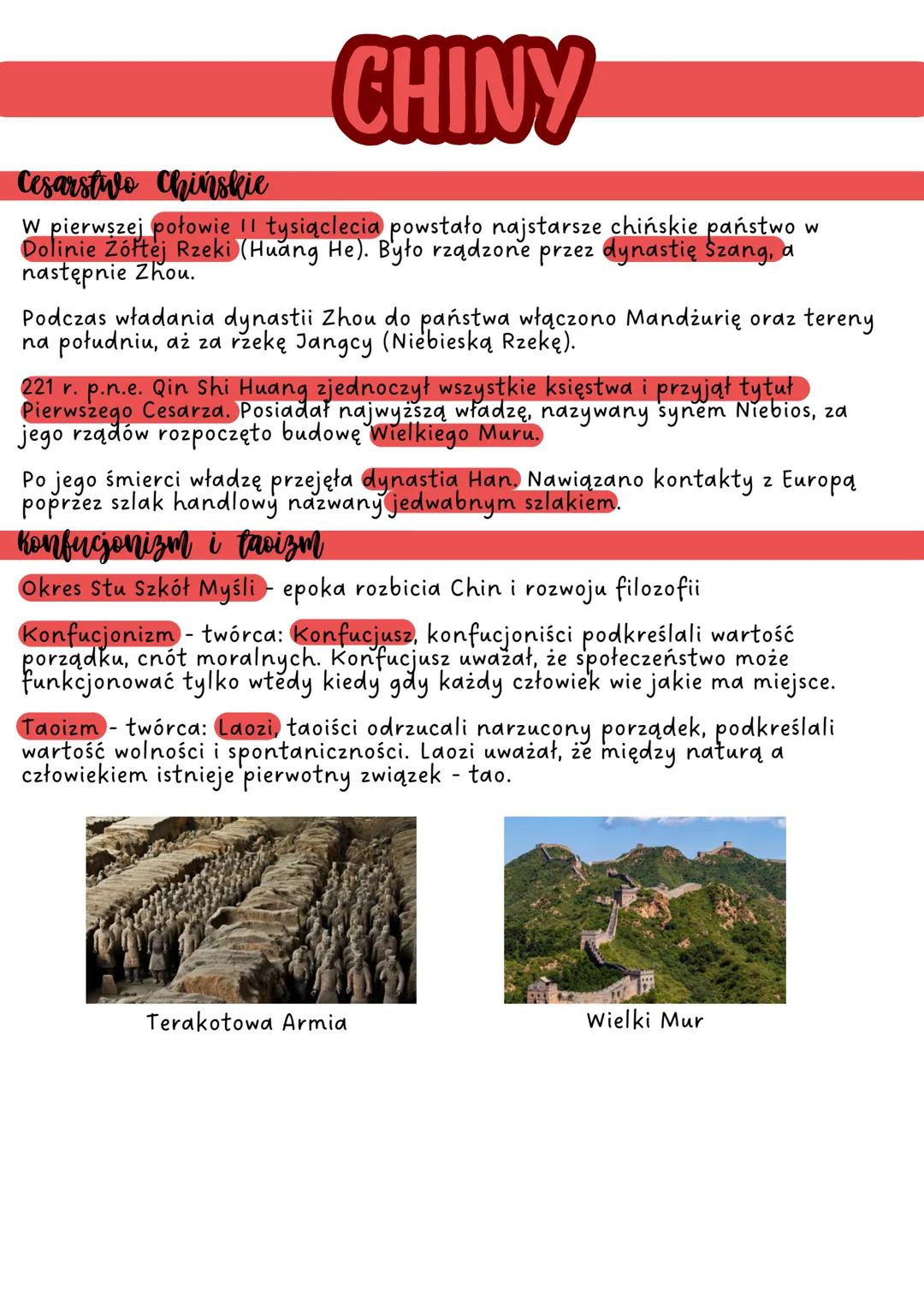 CHINY
Cesarstwo Chinskie
W pierwszej połowie 11 tysiąclecia powstało najstarsze chińskie państwo w
Dolinie Żółtej Rzeki (Huang He). Było rzą