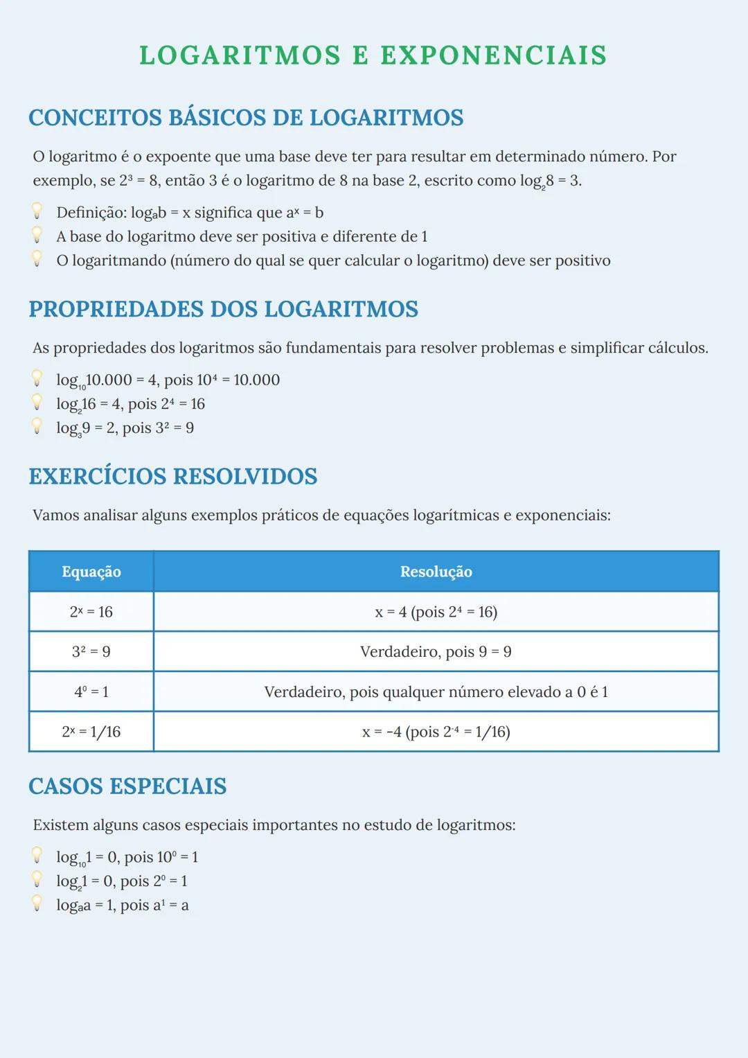 # LOGARITMOS E EXPONENCIAIS

## CONCEITOS BÁSICOS DE LOGARITMOS

O logaritmo é o expoente que uma base deve ter para resultar em determinado