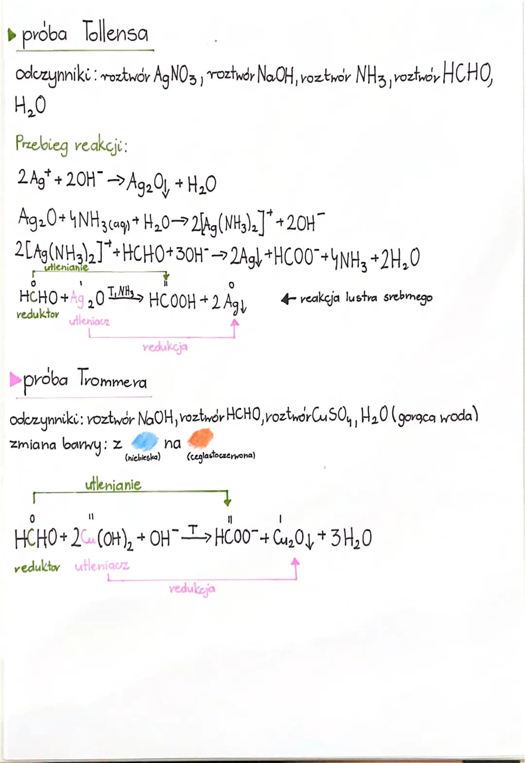 ▶próba Tollensa
odczynniki: roztwór AgNO3, roztwór NaOH, roztwór NH3, roztwór HCHO,
H₂O
Przebieg reakcji:
2 Ag+ + 2OH →→>Ag₂01, + H₂O
Ag₂O+ 