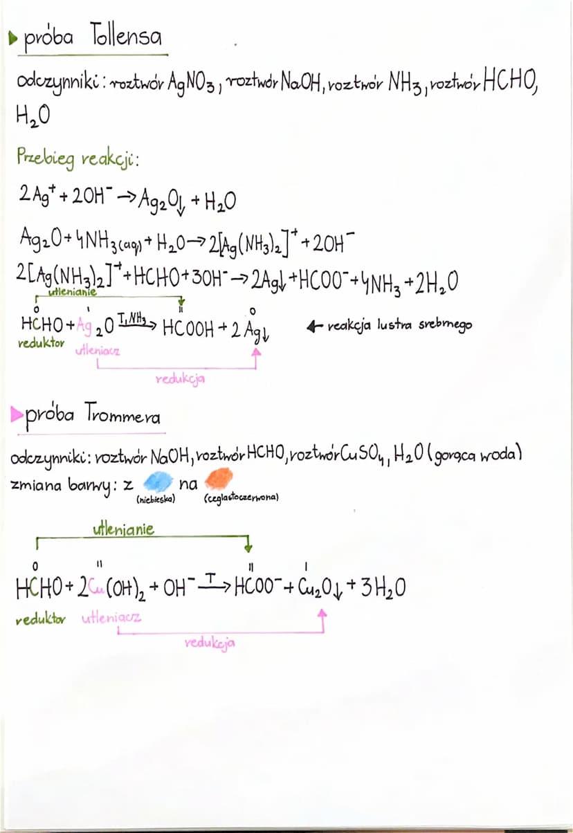 ▶próba Tollensa
odczynniki: roztwór AgNO3, roztwór NaOH, roztwór NH3, roztwór HCHO,
H₂O
Przebieg reakcji:
2 Ag+ + 2OH →→>Ag₂01, + H₂O
Ag₂O+ 