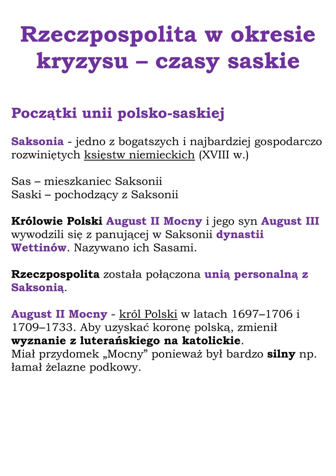 Rzeczpospolita w okresie
kryzysu - czasy saskie
Początki unii polsko-saskiej
Saksonia - jedno z bogatszych i najbardziej gospodarczo
rozwini