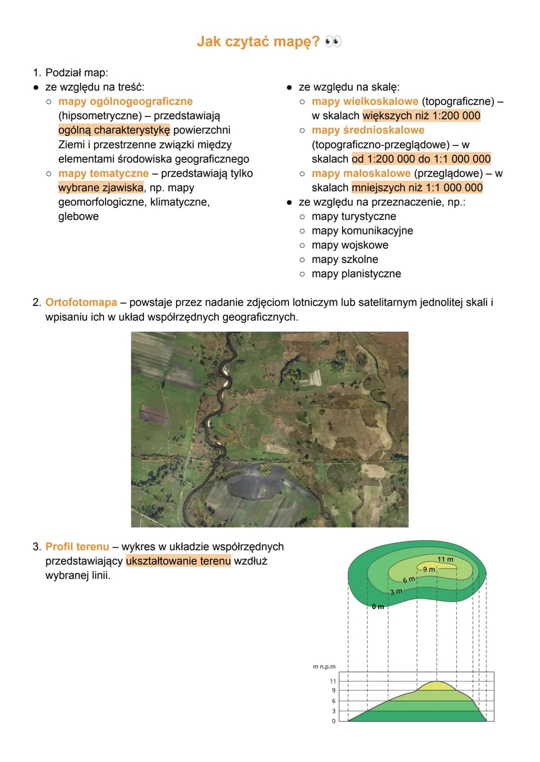 1. Podział map:
• ze względu na treść:
• mapy ogólnogeograficzne
Jak czytać mapę?
(hipsometryczne) - przedstawiają
ogólną charakterystykę po