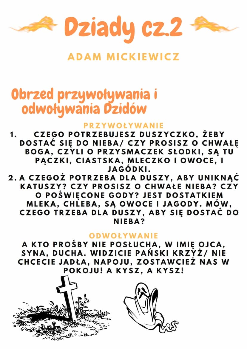 Dziady cz.2
ADAM MICKIEWICZ
Co musiano przyniesc do
kaplicy, by przywołac duchy?
ABY PRZYWOŁAC DUCHY NALEŻAŁO PRZYNIEŚC DO
KAPLICY JEDZENIE,